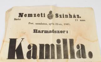 1865 Nemzeti Színház Kamilla c. előadás színházi plakát 32x38 cm Foltos
