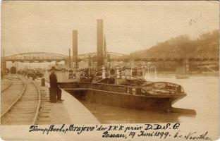 1899 Passau, Dampfboot SARAJEVO der I. k. k. priv. DDSG / "SARAJEVO" DGT oldalkerekes vontató gőzhajó / SARAJEVO sidewheeler steam tug in Passau. She was requisitioned at some point by the k.u.k Zentraltransportleitung (ZTL) for service on the Danube. photo (EB)