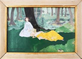 Karinthy (Karinthi) Ada (1880 - 1955): Hölgyek az erdőben (szecessziós illusztráció), 1911. Akvarell, papír, üvegezett fakeretben, 19,5×29,5 cm