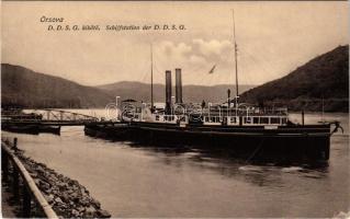 Orsova, DDSG kikötő SOPHIE oldalkerekes gőzhajóval / Schiffstation der DDSG / DDSG ship station with SOPHIE sidewheeler steamship. She was requisitioned for service on the Danube by the k.u.k. Zentraltransportleitung (ZTL), but returned to the company after the First World War (EK)