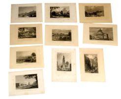 10 db vegyes külföldi helyszíneket ábrázoló acélmetszet (USA, Belgium, stb.), változó állapotban, részben foltos, lapméret: 18x26 cm