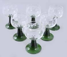 Francia szőlőmintás boros pohár garnitúra, anyagában színezett talpazattal, 6 darab, jelzett, hibátl...