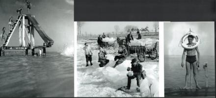 cca 1960 előtti felvételek a Balatonról (Jégvágó brigád; Csúszda Balatonalmádiban; Mentőöv Balatonfüred-Fenékfürdő strandján), 3 db modern nagyítás, jelzés nélkül, 15x10 cm és 21x15 cm és 15x21 cm