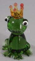 Iparművész fújt üveg békakirály, anyagában színezett, hibátlan, m: 6 cm