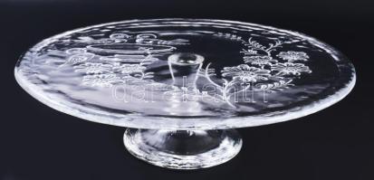 Talpas kristályüveg kínáló, itatóból ivó madarakkal díszítve, hibátlan, d: 33,5 cm, m: 9,5 cm