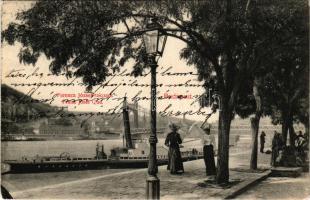 1911 Budapest, Ferenc József rakpart, ZOLTÁN oldalkerekes vontató gőzhajó / "ZOLTÁN" sidewheeler steam tug. She was requisitioned by the k.u.k. Zentraltransportleitung (ZTL) for service on the Danube during the First World War (EK)