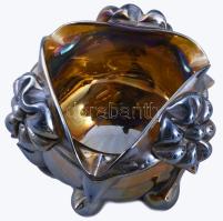 Fémlüszteres felületű szakított üveg asztaldísz, minimális pattogzással, d: 12 cm, m: 8 cm