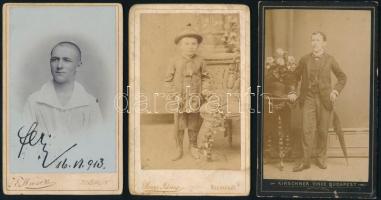 cca 1880-1913 3 db keményhátú fotó (matróz, kisgyerek, férfiportré) vegyes műtermekből, kopásokkal, 10,5×6,5 cm
