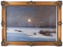 Markó Ernő (1868-1945): Holdfényes téli táj. Olaj, karton. Jelzett. Dekoratív, sérült fakeretben. 50×69 cm