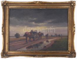 Korpács Lajos (-), működött a XX. sz. első felében: Lovasszekér. Olaj, vászon, jelezve jobbra lent. Dekoratív, kissé sérült fakeretben, 50×70 cm