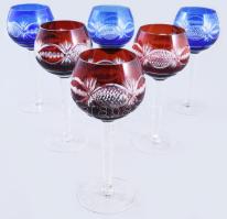 Színesen pácolt talpas pohár készlet, 6 darab, hibátlan, m: 18,5 cm