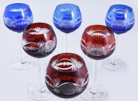 Színesen pácolt talpas pohár készlet, 6 darab, hibátlan, m: 18,5 cm