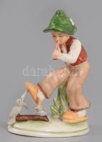 Német madaraknak fuvolázó fiú figura, jelzett, hibátlan, m: 14 cm