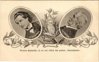 Nagyszeben, Hermannstadt, Sibiu; M. Eminescu, Gh. Baritiu, Pentru busturile, ce se vor ridica din partea Asociatiunii / Mihai Eminescu költő és George Baritiu (Barit) újságíró, történész, politikus, az Asociatiunii egyesület tagjai. Az Asociatiunii erdélyi román irodalmi egyesület Nagyszebenből indult a román kultúra népszerűsítéséért, később Astra néven működött. Bagoly könyveken / Mihai Eminescu poet and George Baritiu journalist, members of the Romanian literature association. Art Nouveau, floral, owl (EK)