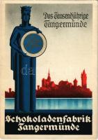 Das Tausendjährige Tangermünde, Tschokoladenfabrik Tangermünde. Gebr. Walter / a Tangermündei Csokoládégyár art deco reklámja, Tangermünde 1000 éves évfordulójára kiadva / German chocolate factory advertisement card (EK)