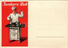 Junker &amp; Ruh nagykonyhai eszközök reklámlapja, hátoldalon meghívó bemutatóra / kitchen stove advertisement card, with invitation on the backside (non PC)