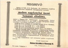 Junker &amp; Ruh nagykonyhai eszközök reklámlapja, hátoldalon meghívó bemutatóra / kitchen stove...