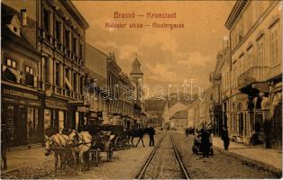 1908 Brassó, Kronstadt, Brasov; Kolostor utca, Eduard Binder, Theiss &amp; Marton üzlete. W.L. 135. / Kloster-Gasse / street view, shops (EK)