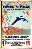 1947 Monte-Carlo, Székely Éva (1927-2020) olimpiai bajnok magyar úszónő és más úszók (pl. Zságot Irén, vagy a svéd Ingegard Fredin) aláírása az 1947-es úszó-Európa-bajnokságról küldött képeslapon / signatures of famous swimmers of the 1947 European Championship, sent from Monaco (fl)