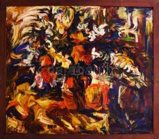 Medgyessy-Kovács Gyula (1963-): Színes kavalkád (cím nélkül). Olaj, vászon. Jelezve balra lent. Kisebb sérüléssel (benyomódással). Fakeretben. 130x155 cm. KIZÁRÓLAG SZEMÉLYES ÁTVÉTEL, NEM POSTÁZZUK / ONLY PERSONAL COLLECTION IN OUR OFFICE!