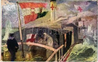 Heldin unter Helden. Freiwillige Pflegerin Amelia Rodinis versieht während der Kämpfe um Schabatz auf SM Spitalschiff "Traisen" inmitten heftigen feindlichen Feuers unerschrocken und furchtlos ihren Dienst. Helden des Roten Kreuzes. Offizielle Karte für Rotes Kreuz, Kriegsfürsorgeamt Kriegshilfsbüro Nr. 630. / SM Spitalschiff "TRAISEN" sebesültszállító kórházhajó. Dunaflottilla / WWI Austro-Hungarian Navy, SM Spitalschiff "Traisen" hospital ship in the K.u.K. Kriegsmarine Danube Fleet (Donauflottille). Red Cross heroine, volunteer nurse Amelia Rodinis does her duty fearlessly during the fights for Sabac, in the midst of fierce enemy fire s: Harry Heusser (r)