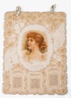 1897 Frauenlob Kalender 1897, naptár díszesen litografált, dombornyomott lapokkal, laponként 3 hónappal, az utolsó lapon m. k. naptárbélyeggel, eredeti szalaggal, jó állapotban, 4 sztl. lev., 25x19 cm