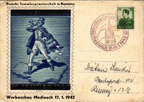 1943 Medgyes, Mediasch, Medias; Deutsche Sammlergemeinschaft in Rumänien, Tag der Briefmarke Werbeschau / Német bélyeggyűjtők Romániában reklám / German stamp collectors in Romania, advertisement + So. Stpl (ragasztónyomok / glue marks)
