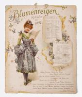 1897 Blumenreigen Kalender für 1897., Nürnberg, Theo. Stroefer's Kunstverlag, naptár díszesen litografált lapokkal, laponként 2 hónappal, eredeti szalaggal, az első lapon kis foltokkal, egyébként jó állapotban, az utolsó lapon m. kir. naptárbélyeggel és "Kanitz C. és Fiai Budapesten" címkével, 6 sztl. lev., 23x19 cm