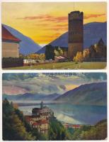 1916 2 db RÉGI képeslap: Locarno és Fröhlisburg (Südtirol), rajtuk koronázási bélyegző / 2 pre-1945 foreign town postcards (Locarno and Fröhlichsburg), with Coronation stamp + "1916. dec. 30. IV. Károly király koronázása napján Budapest" So. Stpl.