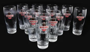 12 darabos Borsodi sörös pohár készlet, eredeti dobozában, m: 15,5 cm + márkás tálca d: 32 cm