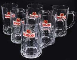 'Borsodi' üveg söröskorsó készlet, eredeti kissé sérült dobozában, 6 db, 0,5 l, m: 15 cm