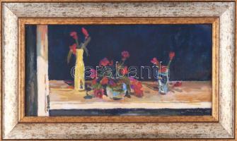 Micska Zoltán (1949-2017): Csendélet (cím nélkül), 2006. Olaj, karton. Jelzett. Dekoratív, üvegezett fakeretben, 23×45 cm.