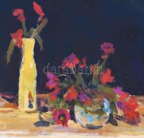 Micska Zoltán (1949-2017): Csendélet (cím nélkül), 2006. Olaj, karton. Jelzett. Dekoratív, üvegezett...