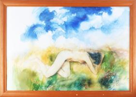 Réti Zoltán (1923-2018): Fekvő női akt. Akvarell, papír, jelezve jobbra lent, üvegezett fakeretben, 51×73 cm