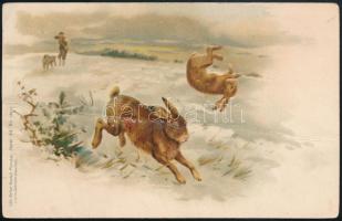 cca 1890 Litho vadászati témájú képeslap Kézdi Kovács László (1864-1942) saját kezű aláírásával