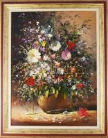 Adilov Kabul (1959-): Virágcsokor. Olaj, farost, jelzett, hátoldalán Art Studio Galéria címkéjével, dekoratív fakeretben, 80×60 cm