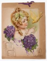 1905 Az Equitable - Egyesült Államokbéli Életbiztosító Társaság 1905-ös naptára. (magyarországi vezérügynökség: Andrássy út 8. Budapest.), díszesen litografált lapokkal, eredeti szalaggal, az első lap foltos, az utolsó lap hátoldalán kopásnyomok, az első három lap szélén szakadás, 6 sztl. lev., 32x25 cm.