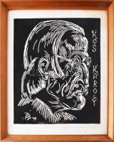 Baróthy Ádám (1945-): Kós Károly, 1979. Linómetszet, papír, jelzett. Baróthy Ádám autográf ajándékozási soraival. Üvegezett fakeretben, 26,5×24,5 cm