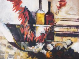 Olga Huck-Figol (1961-): Csendélet palackokkal, 2005. Olaj, farost, jelzett. 60×80 cm