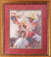 Gádor Emil (1911-1998): Újság. Olaj, papír, jelzett. Üvegezett, dekoratív fakeretben. 36x30 cm