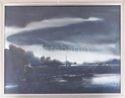 Paresh Maity (1965-), indiai festő: Felhős táj. Akvarell, papír, jelzett. Paresh Maity autográf ajándékozási soraival. Üvegezett, dekoratív, kopott fakeretben. 50x70 cm