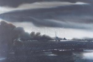 Paresh Maity (1965-), indiai festő: Felhős táj. Akvarell, papír, jelzett. Paresh Maity autográf aján...