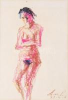 Holló László (1887-1976): Álló női akt. Kréta, papír, jelzett. Dekoratív, üvegezett, kissé sérült fakeretben, 27,5x19,5 cm