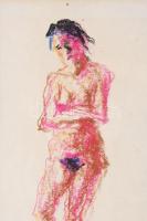 Holló László (1887-1976): Álló női akt. Kréta, papír, jelzett. Dekoratív, üvegezett, kissé sérült fa...