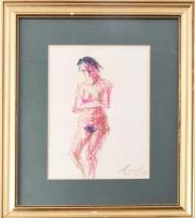 Holló László (1887-1976): Álló női akt. Kréta, papír, jelzett. Dekoratív, üvegezett, kissé sérült fa...