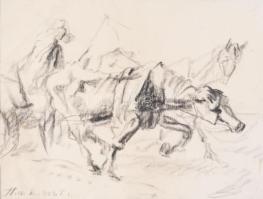 Holló László (1887-1976): Lovasszekér, 1949. Szén, papír, jelzett. Üvegezett, kissé sérült fakeretben, 21x27,5 cm