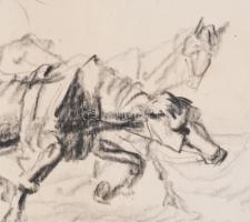 Holló László (1887-1976): Lovasszekér, 1949. Szén, papír, jelzett. Üvegezett, kissé sérült fakeretbe...