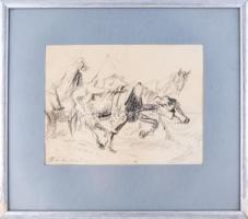 Holló László (1887-1976): Lovasszekér, 1949. Szén, papír, jelzett. Üvegezett, kissé sérült fakeretbe...