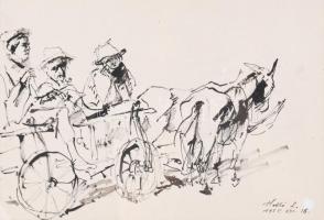 Holló László (1887-1976): Szekér öszvérekkel, 1955. Tus, papír, jelzett. Hátoldalán Déri Múzeum eredetiségigazolásával 1995-ből. Üvegezett, kissé sérült fakeretben, 20x29 cm