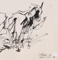 Holló László (1887-1976): Szekér öszvérekkel, 1955. Tus, papír, jelzett. Hátoldalán Déri Múzeum ered...